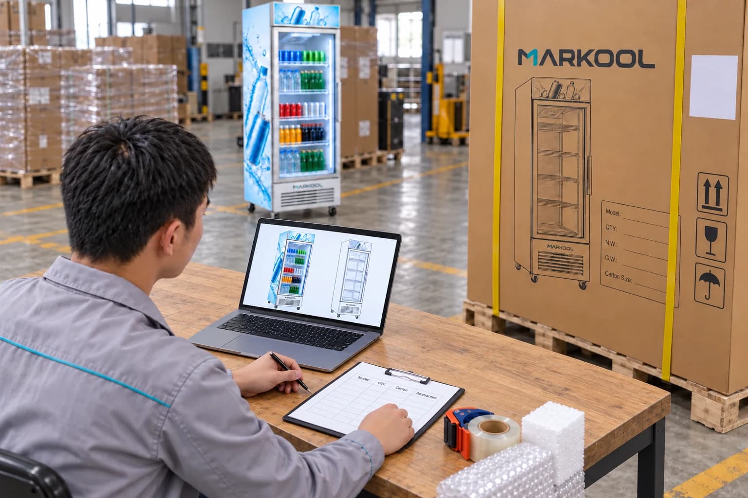 Worker comparing carton markings and a packing checklist beside a display cooler shipping carton