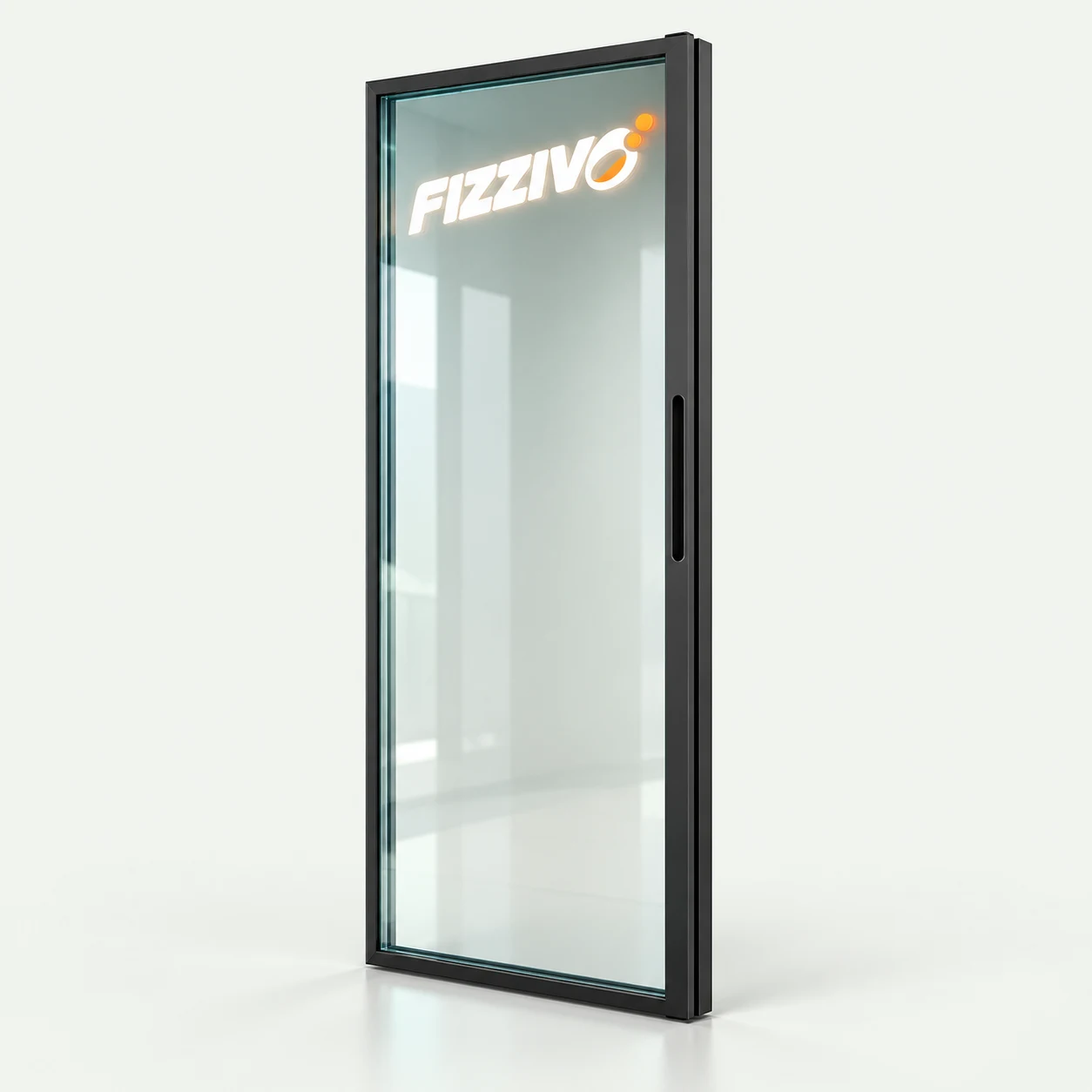 Catalogue-derived illustration of a graphite glass door with an illuminated FIZZIVO logo