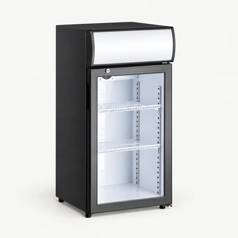 Black countertop display cooler with a blank lightbox and two wire shelves