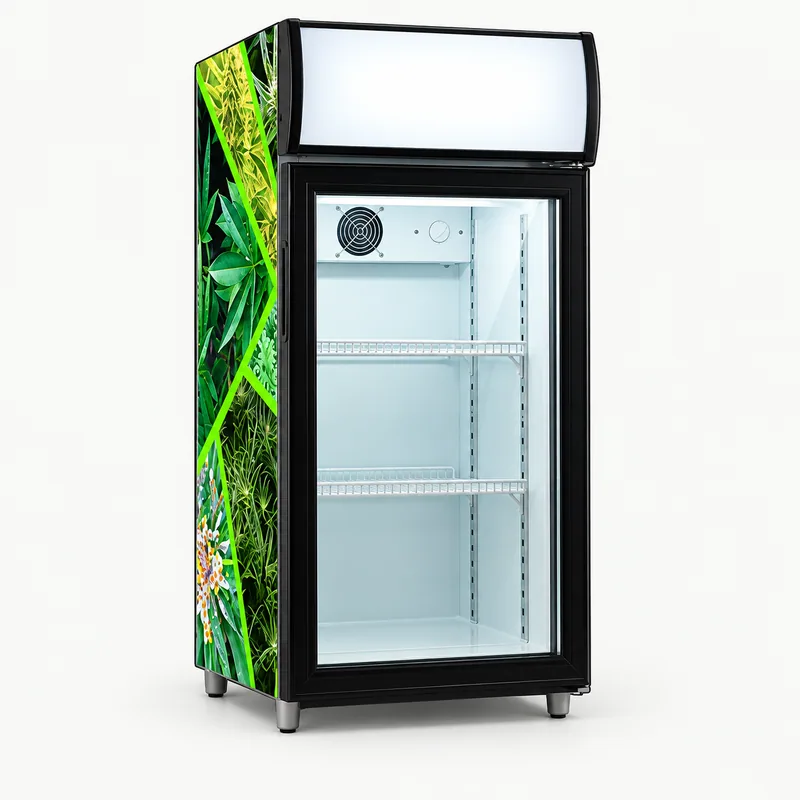 Countertop beverage cooler with a green botanical side-panel design